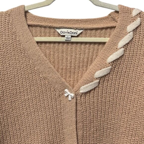 Davi & Dani Tan Lace-Up Ribbon Bow Button Down Cardigan Size Large NWT - Picture 8 of 12